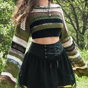 Multicolored Loose Knitted Crop Top w Flare Arms